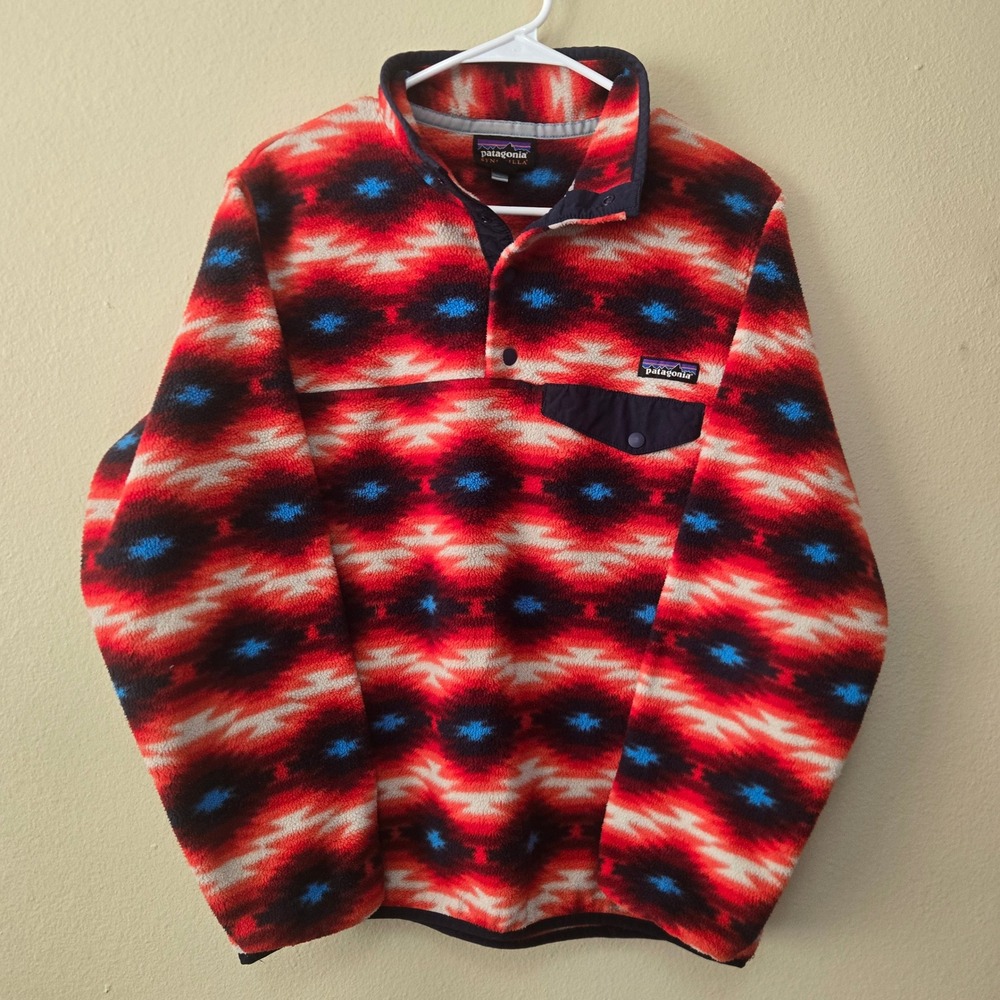 Patagonia Synchilla Snap-T Fleece Pullover Red Blue Aztec Tribal Women Large